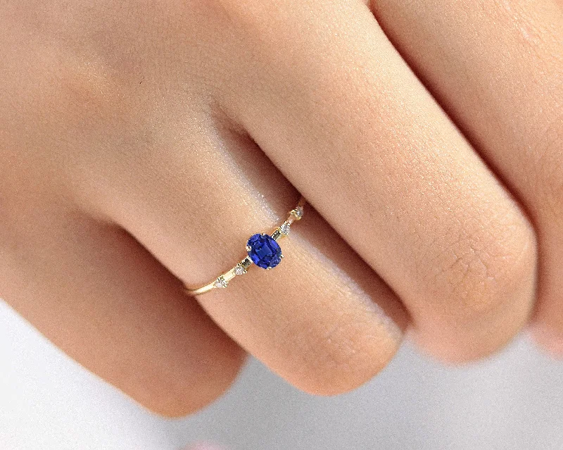 Personalized engagement rings for women-Dainty Ring, Prong Setting Oval cut Sapphire and Diamond Ring , 14K Yellow Solid Gold