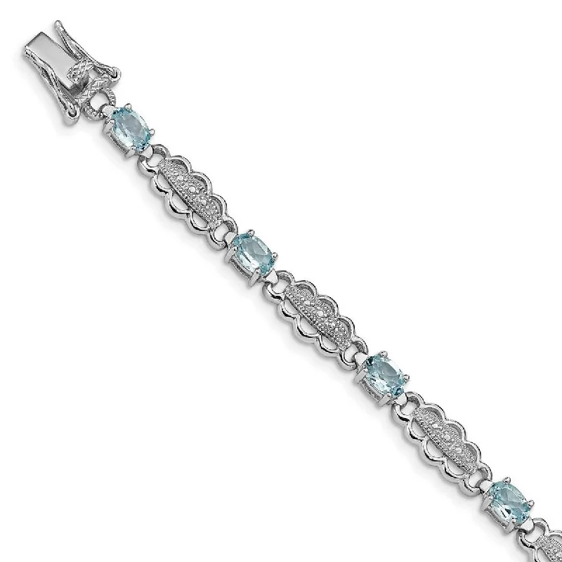 Ladies Bangles Lightweight -Curata 925 Sterling Silver Textured Polished Box Catch Closure Aquamarine and Diamond Bracelet