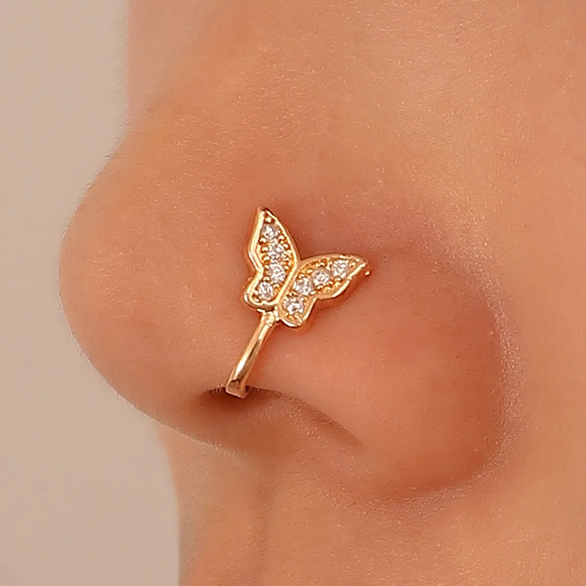 Floral rings for women-Fashion Butterfly Copper Inlaid Zircon U-shaped False Nose Ring Piercing Jewelry