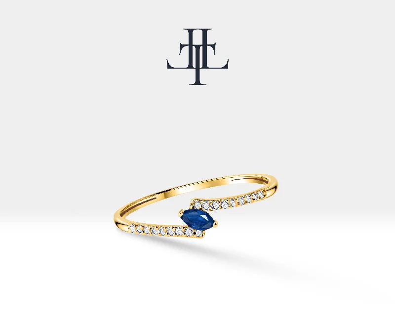 Diamond engagement rings for women-14K Yellow Solid Gold Ring,Marquise Cut Sapphire Ring,Half Eternity Diamond Ring