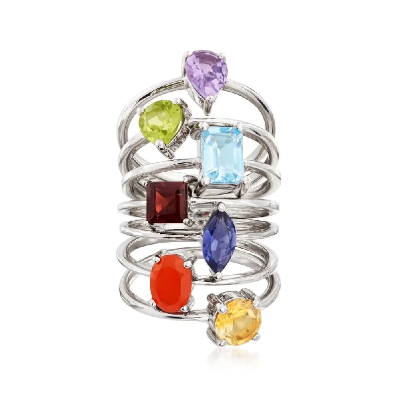 Engagement rings with diamonds for women-925 Sterling Silver Multi Gemstone Set Of 7 Rings