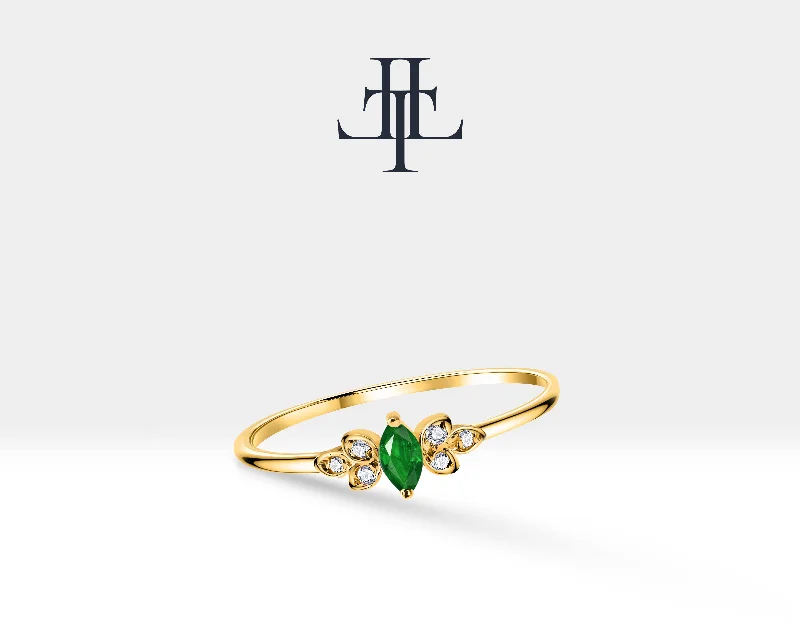 Big rings for women-14K Yellow Solid Gold Ring,Straight Shank Ring,Marquise Cut Emerald Ring,Multi Stone