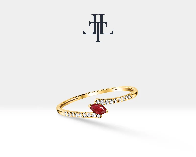 Men’s inspired rings for women-14K Yellow Solid Gold Ring,Marquise Cut Ruby Ring,Half Eternity Diamond Ring