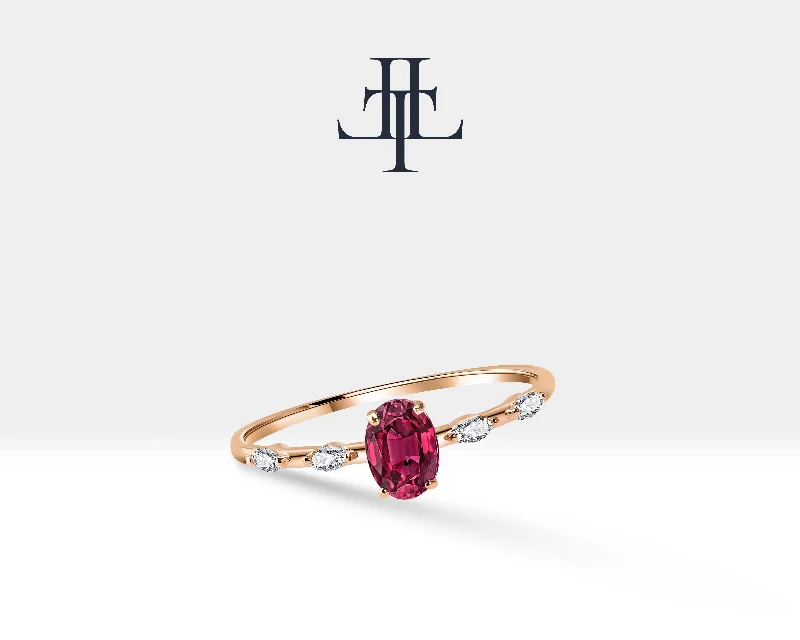 Diamond-studded rings for women-14K Yellow Solid Gold Ring ,Multi Stone Ring ,Oval Cut Ruby with Marquise Diamond Ring