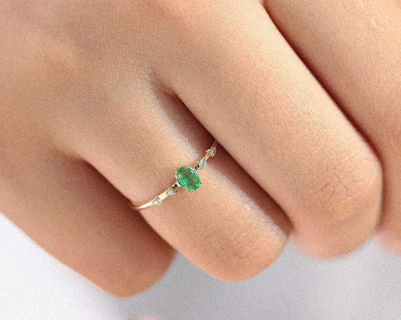 Men’s inspired rings for women-Dainty Ring, Oval cut Emerald with Sprinkled Diamonds, 14K Gold