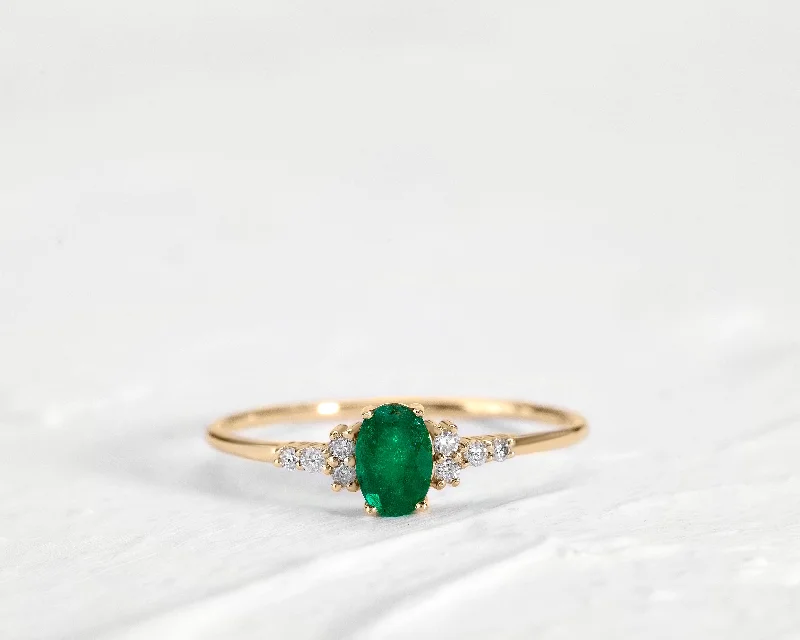 Big rings for women-Emerald Oval Cut with Sprinkled Diamonds 14K Solid Yellow Gold Ring