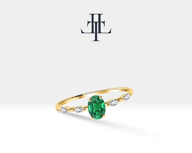 Custom rings for women-14K Yellow Solid Gold Ring ,Multi Stone Ring ,Oval Cut Emerald with Marquise Diamond