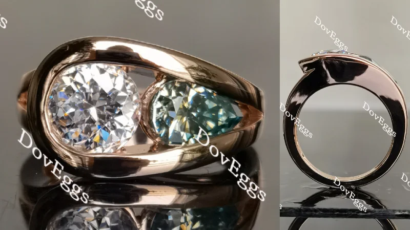 Customizable rings for women-Doveggs GHI color(near colorless) round and peacock blue pear moissanite ring