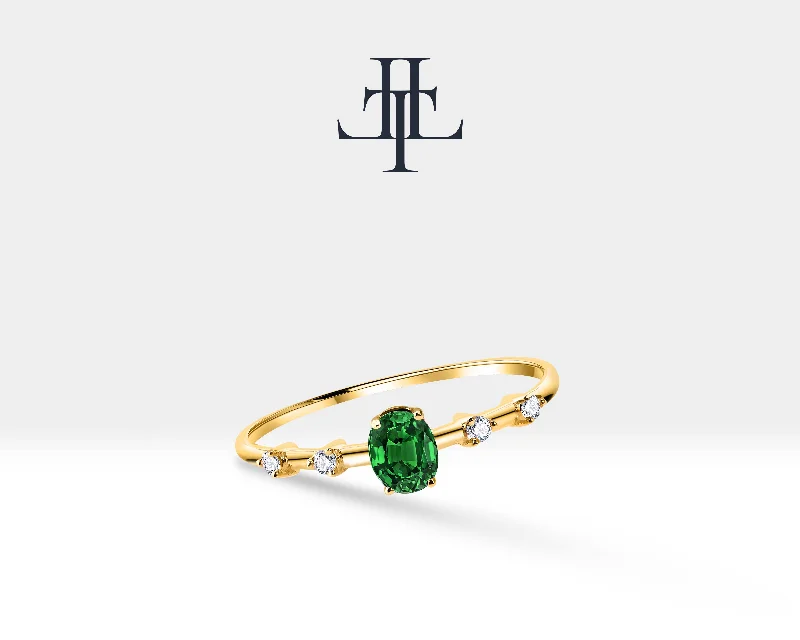 Birthstone rings for women-14K Yellow Solid Gold Ring ,Multi Stone Ring ,Oval Cut Emerald with Tiny Diamond Ring