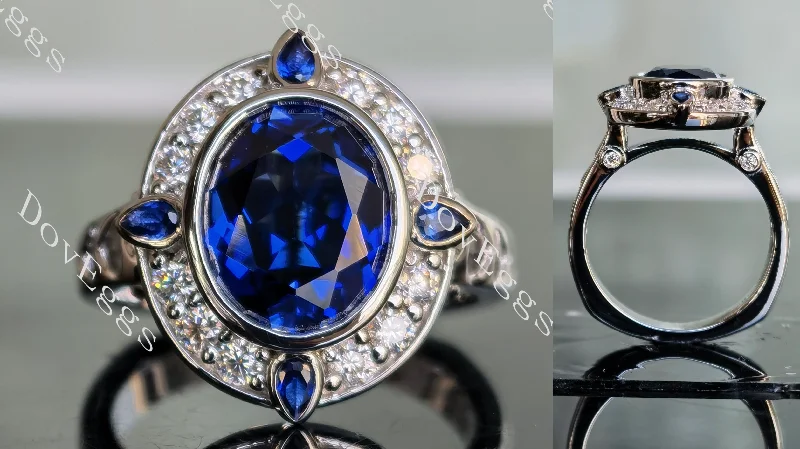 Silver engagement rings for women-Torey oval halo blue sapphire colored gem & moissanite ring