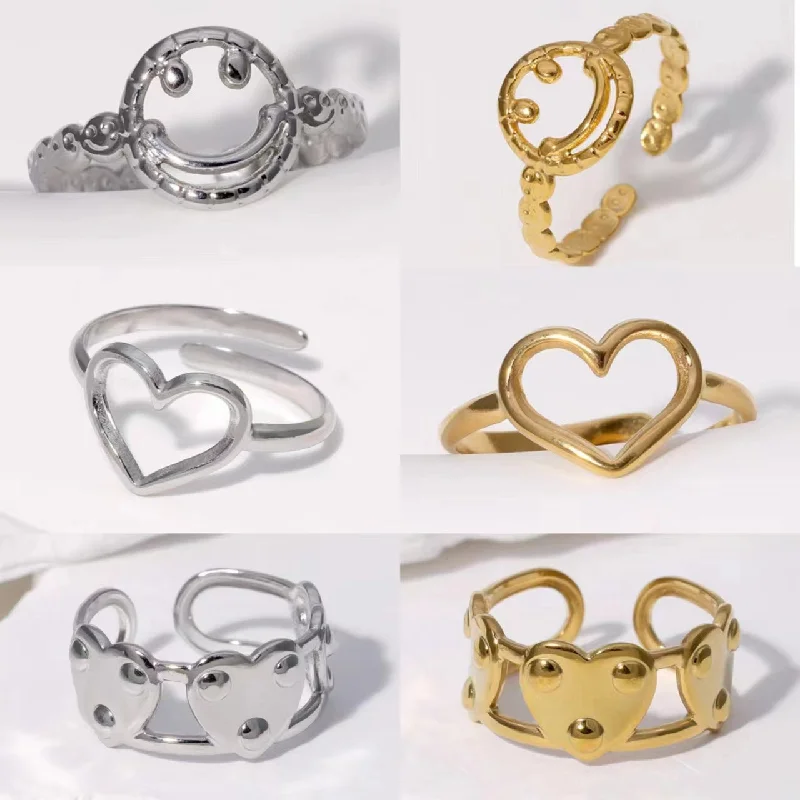 Unique engagement rings for women-Stainless Steel Simple Style Heart Shape Smiley Face Plating Open Rings