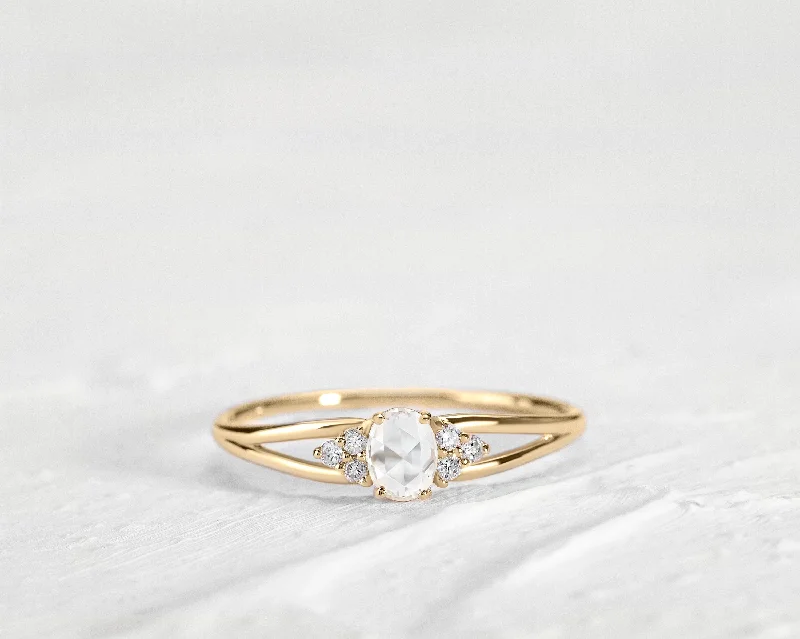 Crystal rings for women-Dainty Ring, Diamond Oval Rose cut with Clover Flower Diamonds, 14K Gold