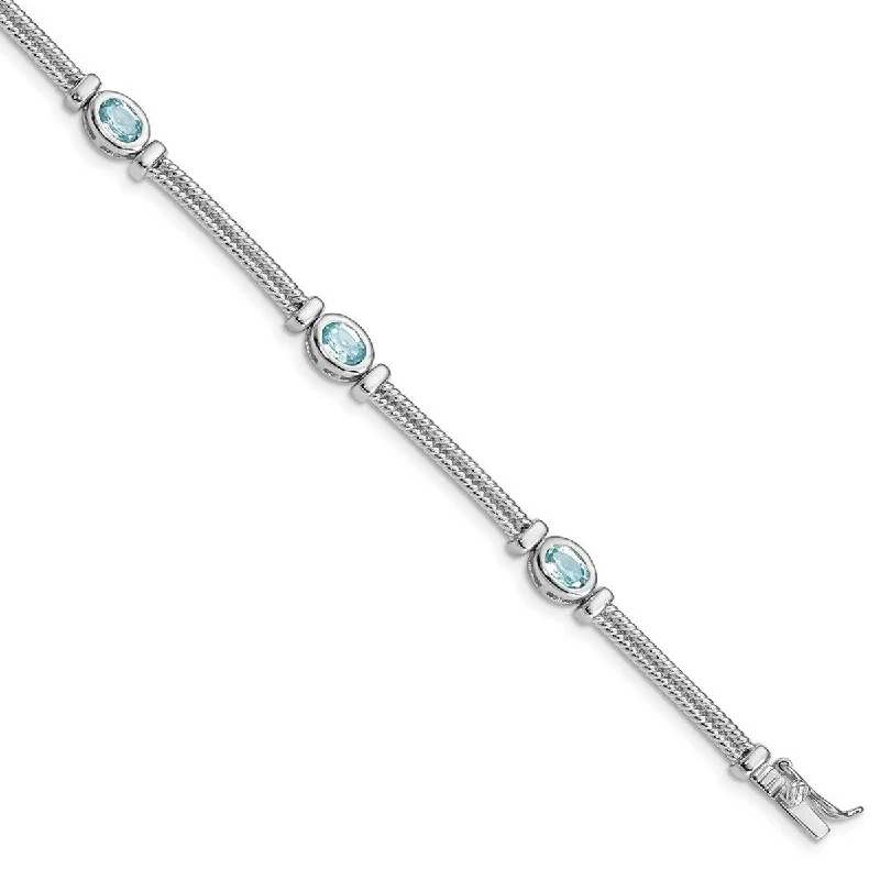 Ladies Bangles Vintage -Curata 925 Sterling Silver Textured Polished Box Catch Closure Blue Topaz Bracelet 7 Inch Box Clasp