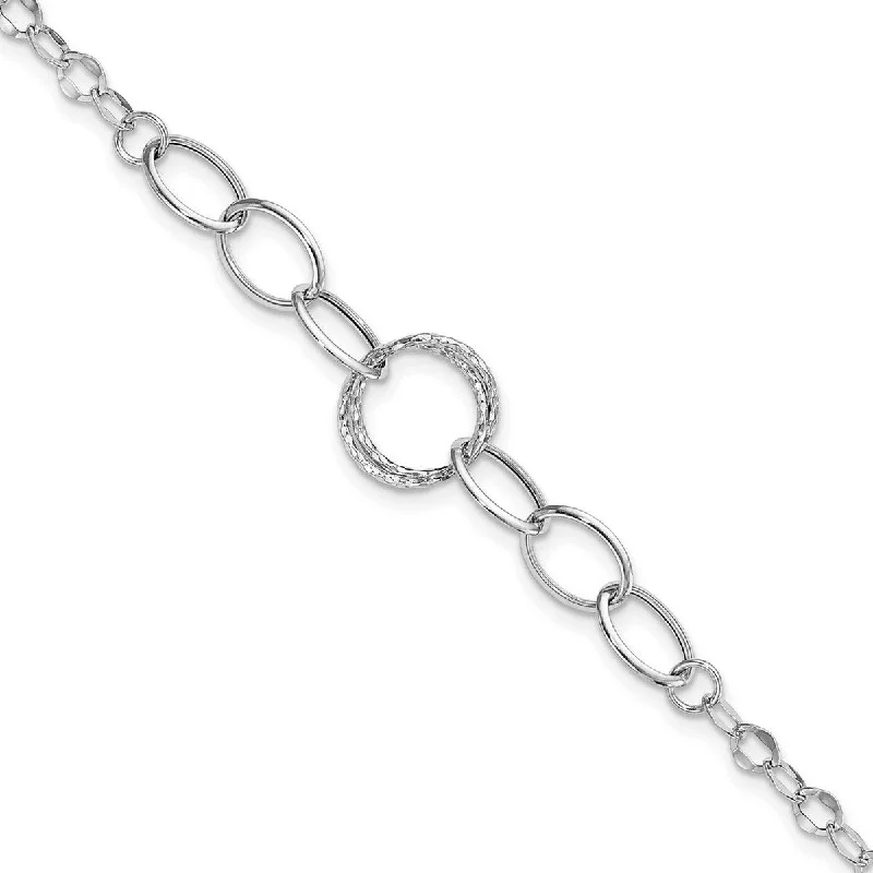 Ladies Bangles Crystal -Curata 14k White Gold Hollow Polished Textured Fancy Link Bracelet 8 Inch