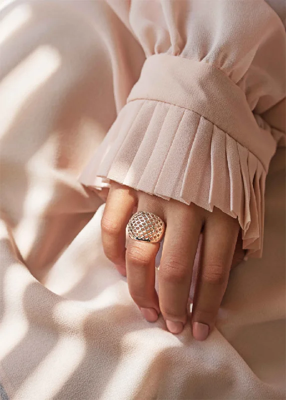 Wide band rings for women-Lattice Dome Silver Ring