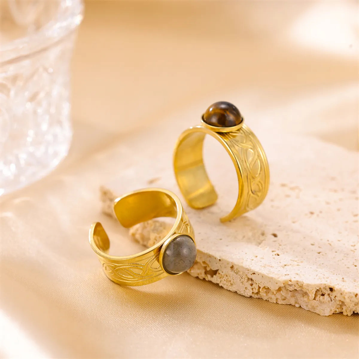 Gold rings for women-Vintage Style Color Block Stainless Steel Plating Inlay Natural Stone 18k Gold Plated Silver Plated Open Rings