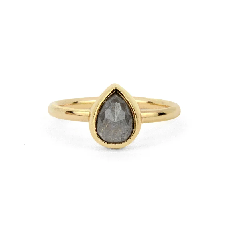 Large gemstone rings for women-Salt and Pepper Pear Rose Cut Diamond Ring in Recycled 14K Yellow Gold