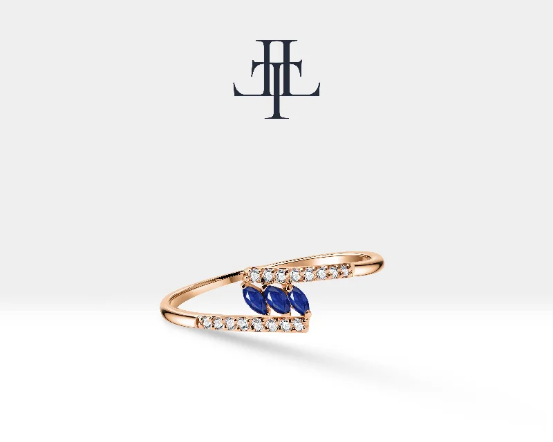 Trendy gold rings for women-14K Yellow Solid Gold Ring,Marquise Cut Sapphire Ring,Half Eternity Diamond Ring