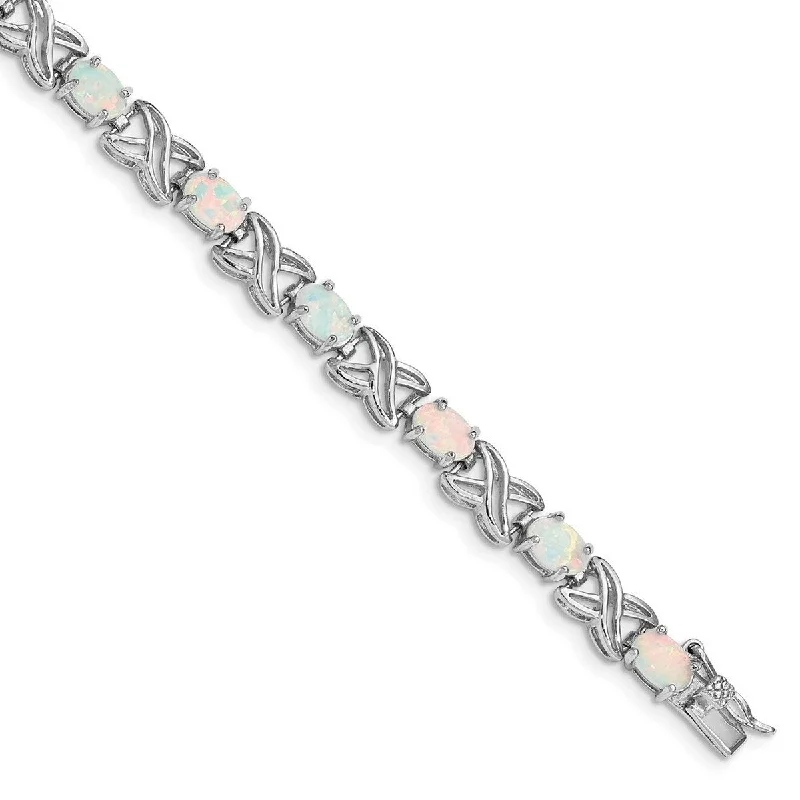 Ladies Bangles Bold -Curata 925 Sterling Silver Polished Safety bar Box Catch Closure White Simulated Opal XO Bracelet 7 Inch Box Clasp