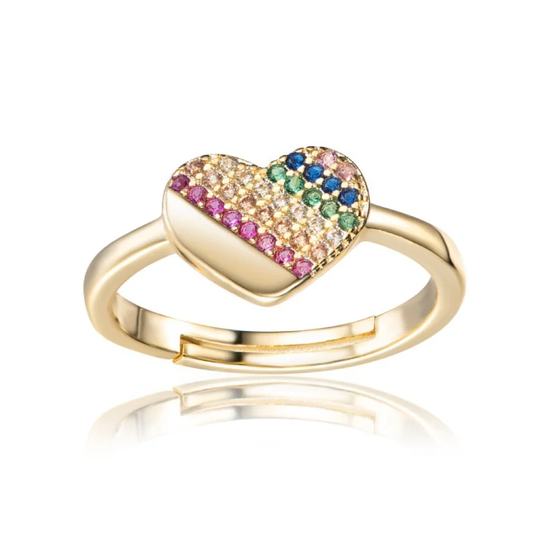 Large diamond rings for women-Gold Plated Colorful CZ Heart Kids Ring