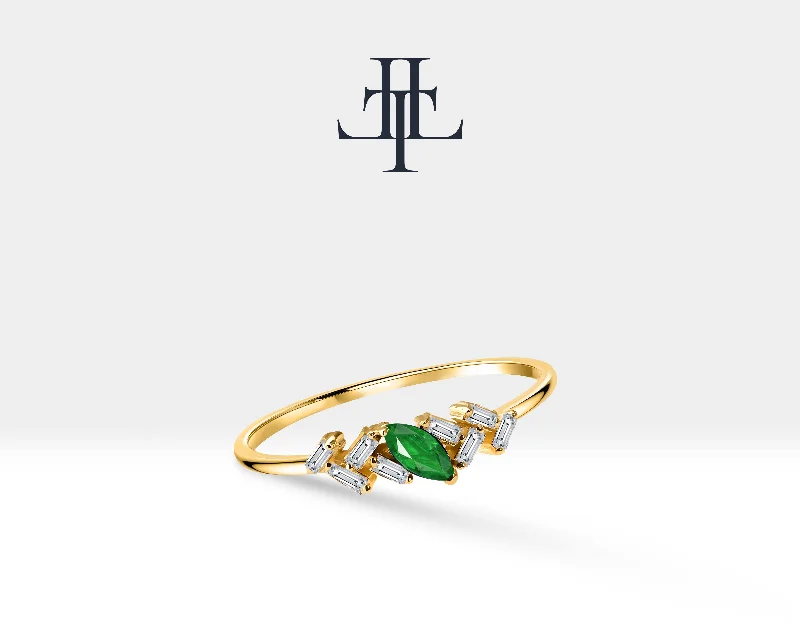 Heart-shaped rings for women-14K Yellow Solid Gold Ring,Marquise Cut Emerald Ring with Baguette Diamond