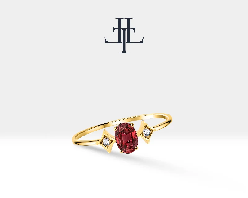 Unique rings for women-14K Yellow Solid Gold Ring ,Multi Stone Ring ,Oval Cut Ruby with Bezel Set Diamond