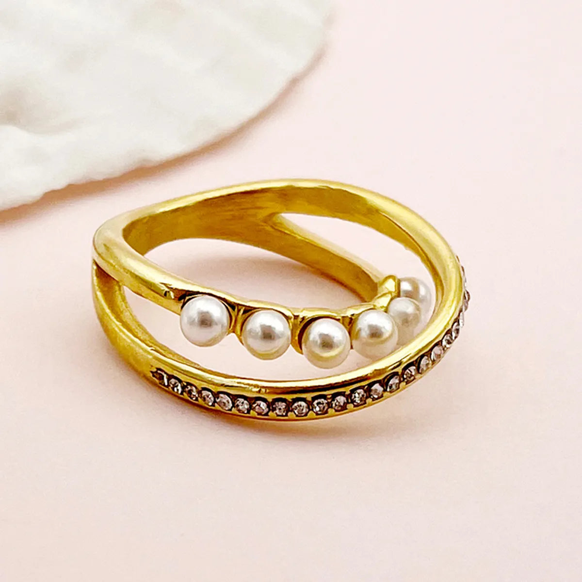 Chunky rings for women-Elegant Classical Solid Color Stainless Steel Plating Inlay Pearl Zircon Gold Plated Rings