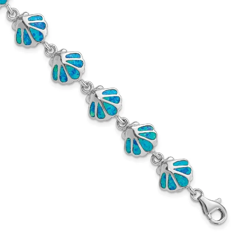 Ladies Bangles Party -Curata 925 Sterling Silver Polished Lobster Claw Closure Created Blue Simulated Opal Inlay Shell Bracelet 7 Inch