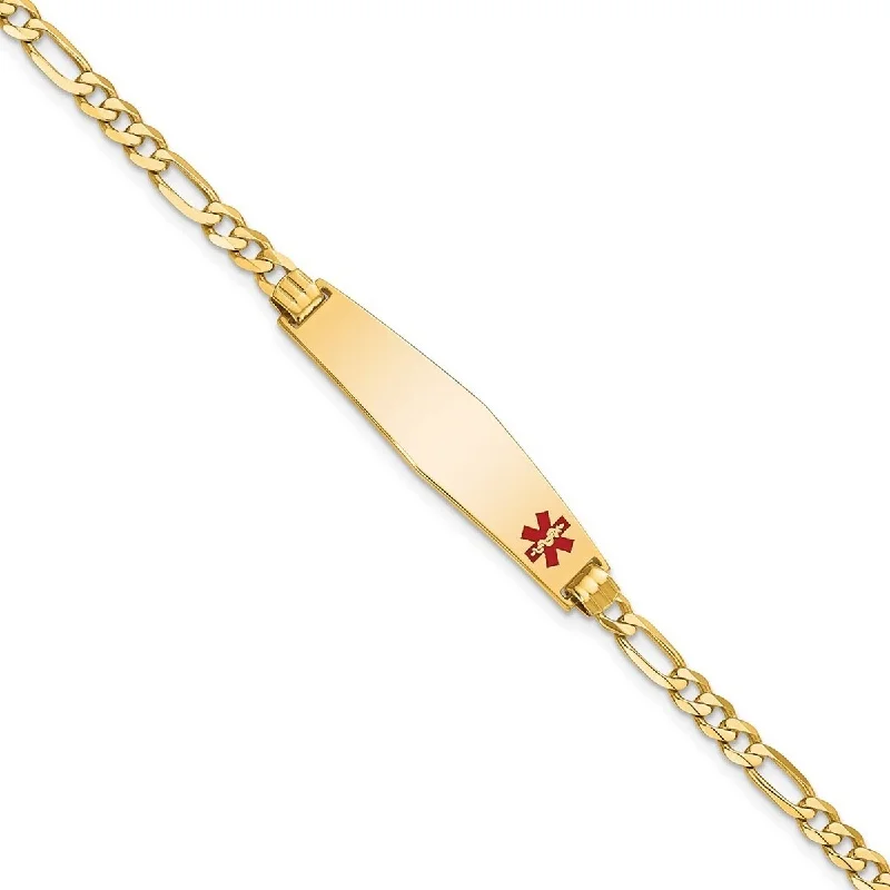 Ladies Bangles Cultural -Curata 14k Yellow Gold 8.5mm Engravable Medical Red Enamel Flat Figaro Link ID Bracelet