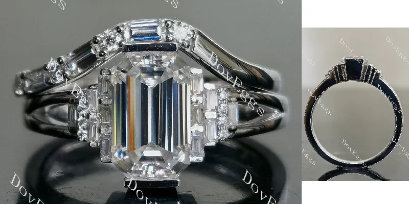 Vintage rings for women-Doveggs elongated emerald side stones moissanite bridal set (2 rings)