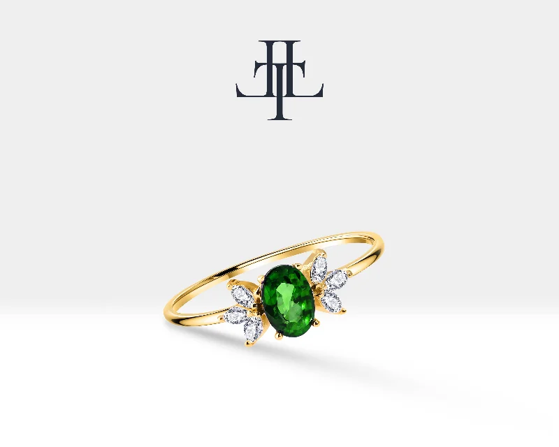 Classic rings for women-14K Yellow Solid Gold,Multi Stone Ring,Oval Cut Emerald with Marquise Diamond Ring