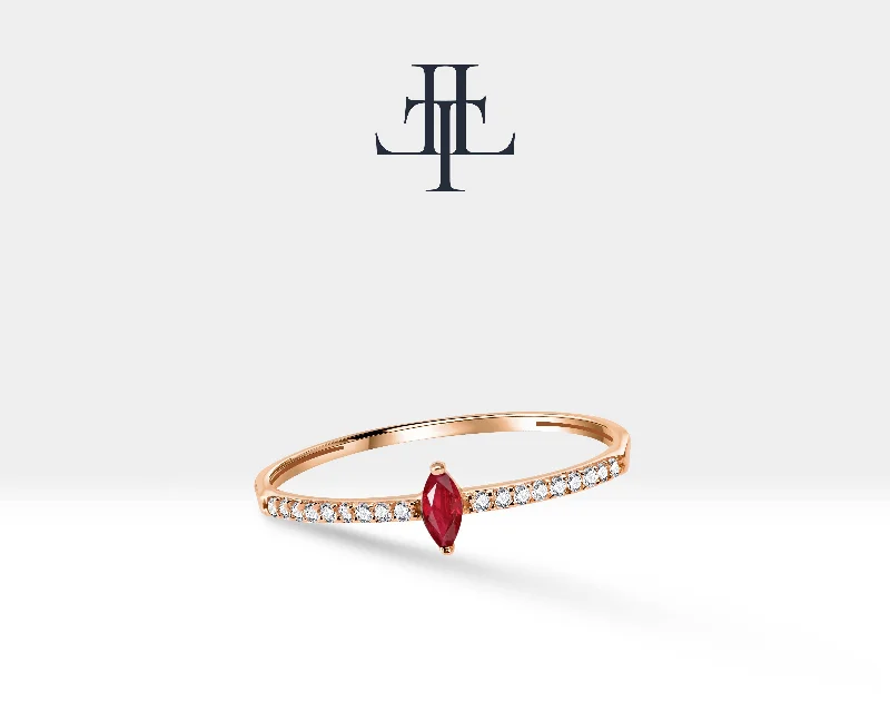 Pearl rings for women-14K Yellow Solid Gold Ring,Straight Shank Ring,Marquise Cut Ruby Ring,Half Eternity