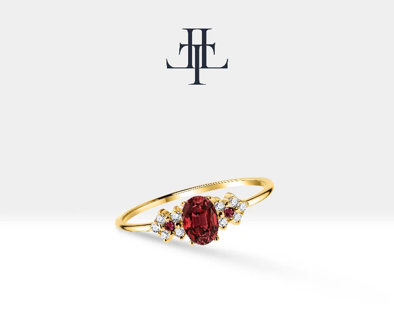 Silver-plated rings for women-14K Yellow Solid Gold Ring ,Multi Stone Ring ,Oval Cut Ruby with Cluster Setting Diamond