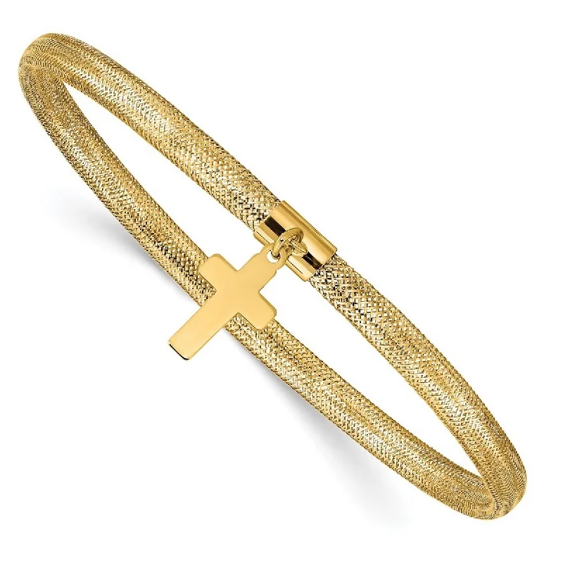 Ladies Bangles Matte -Curata 14k Yellow Gold Mesh Religious Faith Cross Dangle Stretch Bracelet