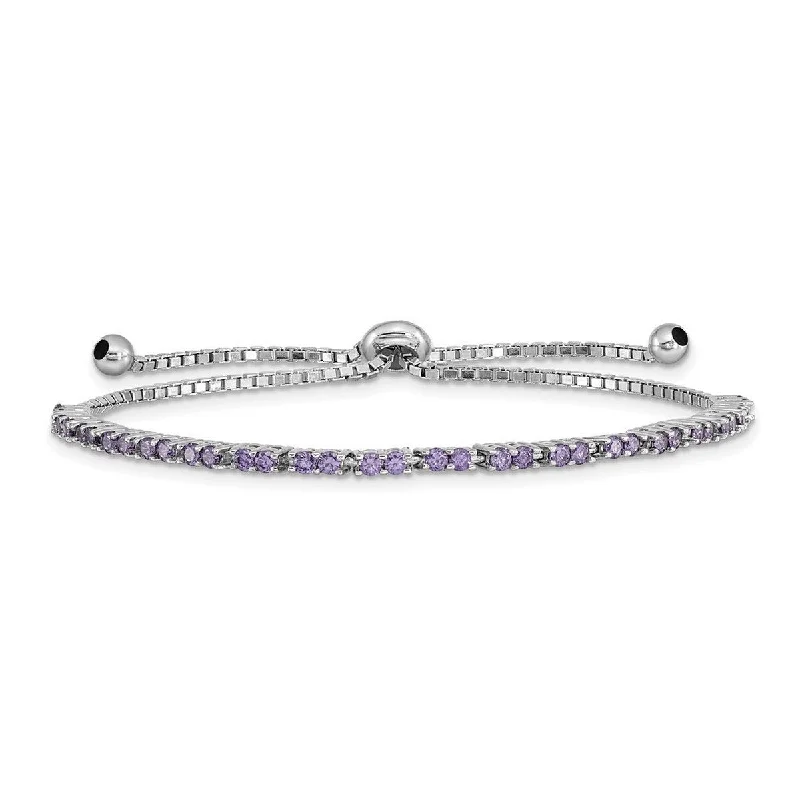 Ladies Bangles Set -Curata 925 Sterling Silver Rhodium Plated February Purple CZ Cubic Zirconia Simulated Diamond Adj Bracelet