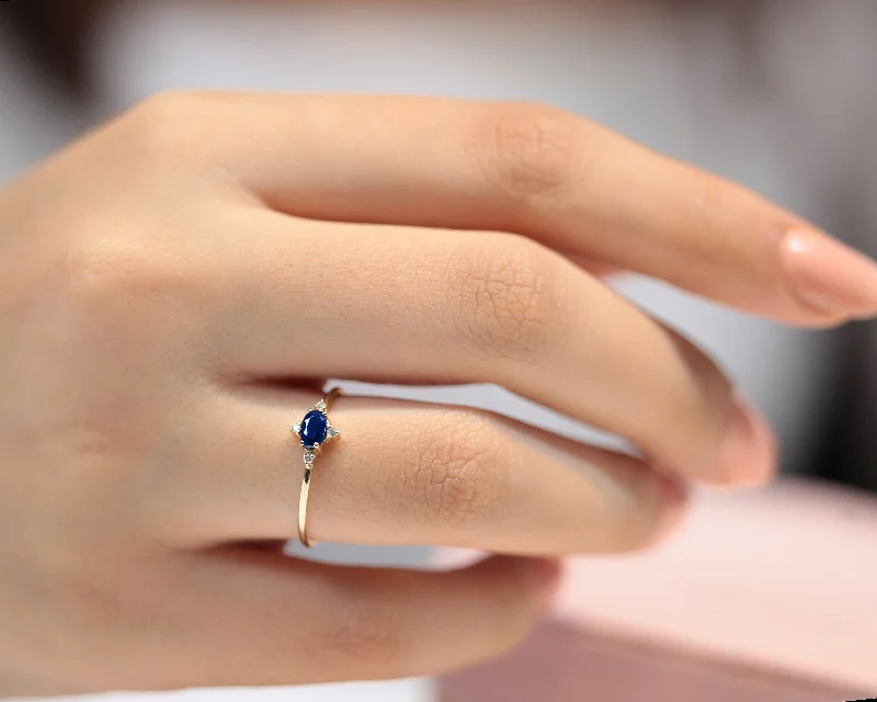 Birthstone engagement rings for women-Dainty Ring, Oval Flower Ring, Oval cut Sapphire with 4 Diamonds, 14K Gold