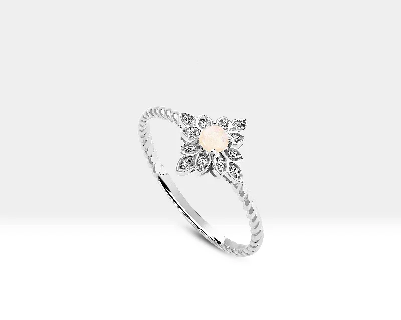 Customizable rings for women-Round Opal and Diamond Flower Model Rose Gold 14K Handmade Minimal Ring