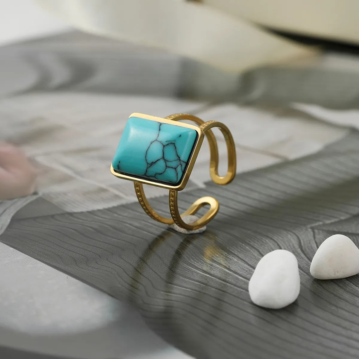 Gold-plated rings for women-Retro Square Stainless Steel Open Ring Metal Turquoise Stainless Steel Rings