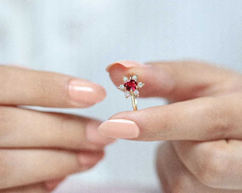 Birthstone engagement rings for women-Straight Shank Snow Flake Ring, Rose Cut Ruby with Diamond Ring, 14K