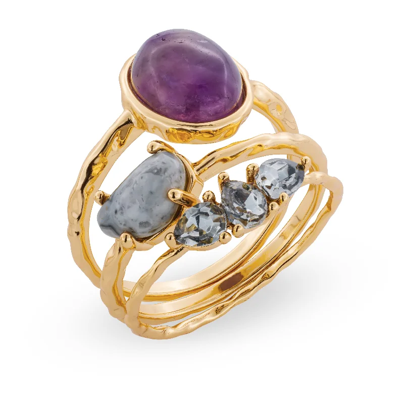 Silver-plated rings for women-Ivy Stone Ring Set in Gold