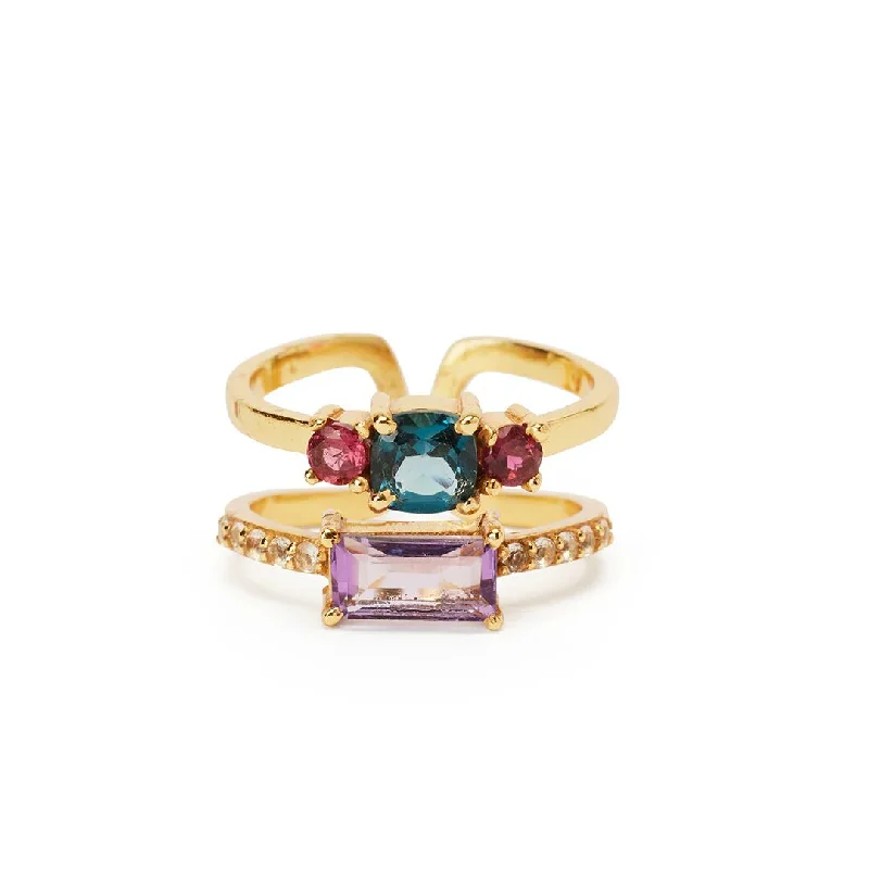 Oval rings for women-Moonchild Double Stacked Multi Gemstone Ring