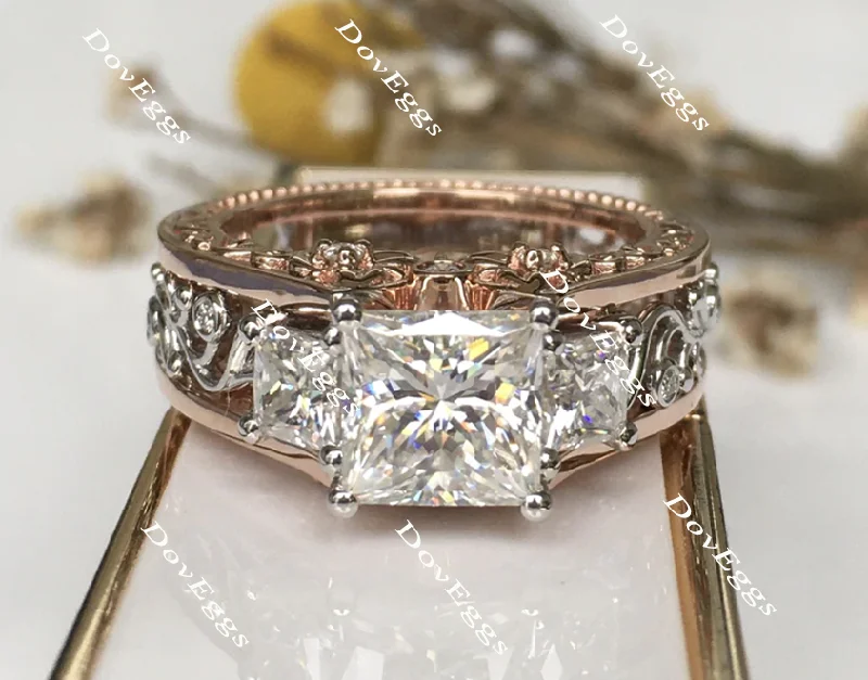 Crystal engagement rings for women-Mi amore eterno Julieann T princess hard engraved vintage moissanite ring hollow out band