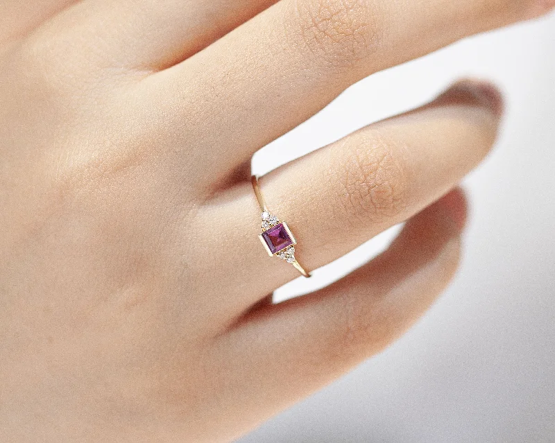 Trendy gold rings for women-Dainty Ring , Princess Ruby with Diamond, 14K Gold