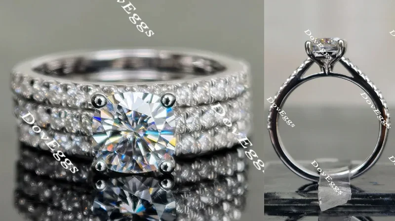 Fashionable rings for women-Doveggs cushion half eternity pave moissanite bridal set (3 rings)