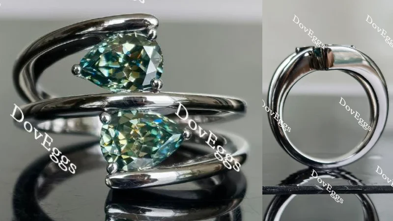 Trendy engagement rings for women-Doveggs 2 pieces of 1ct peacock blue pear center stone moissanite ring