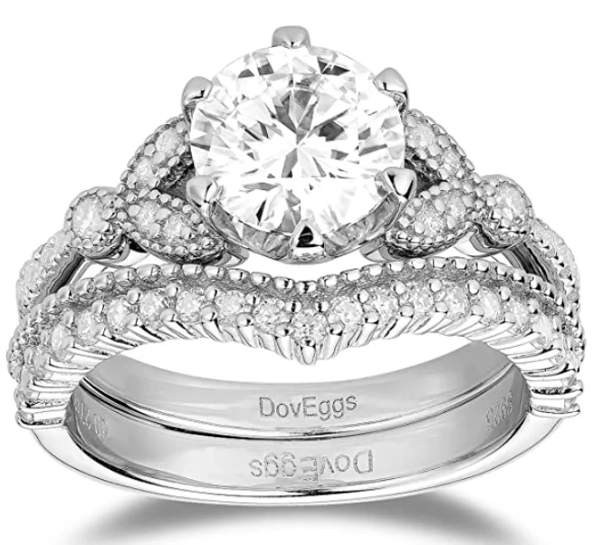 Wedding band rings for women-DovEggs sterling silver 1.5 carat art deco round moissanite bridal set (2 rings)