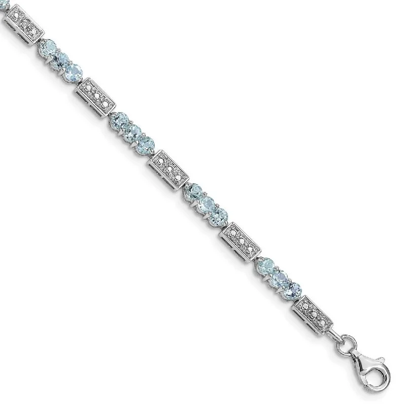 Ladies Bangles Vintage -Curata 925 Sterling Silver Textured Polished Fancy Lobster Closure Aquamarine and Diamond Bracelet