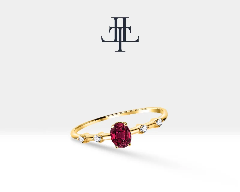 Fashion rings for women-14K Yellow Solid Gold Ring ,Multi Stone Ring ,Oval Cut Ruby with Tiny Diamond Ring