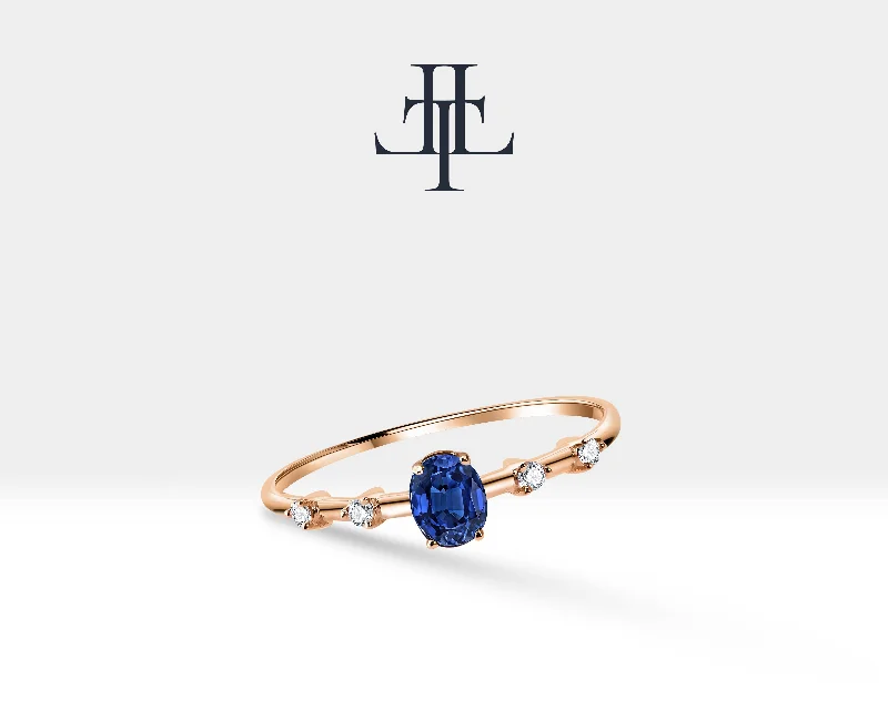 Wedding band rings for women-14K Yellow Solid Gold Ring ,Multi Stone Ring ,Oval Cut Sapphire with Tiny Diamond Ring