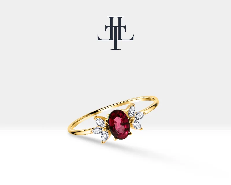 Wide rings for women-14K Yellow Solid Gold,Multi Stone Ring,Oval Cut Ruby with Marquise Diamond Ring